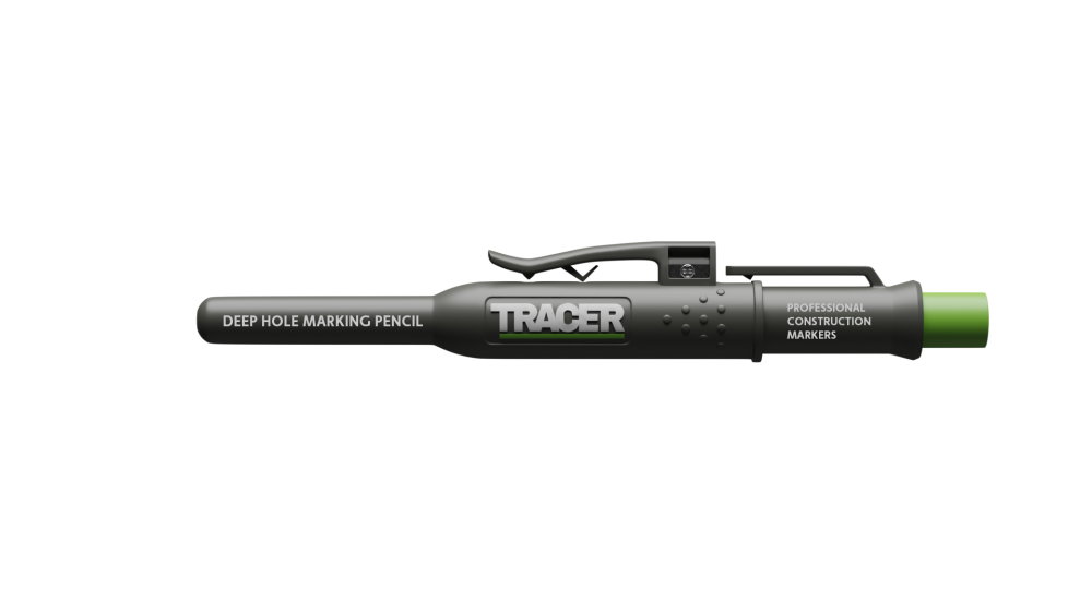 A black Tracer deep hole marking pencil with a green push button and clip is shown on a white background, ideal for construction use.