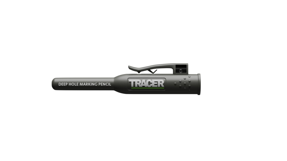 A black TRACER deep hole marking pencil with pocket clip and cap, ideal for precise marking, isolated on a white background.