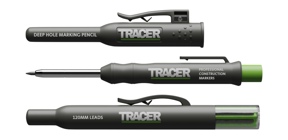 Three black Tracer construction markers: a deep hole marking pencil, extended marker with metal tip, and 120MM LEADS container.