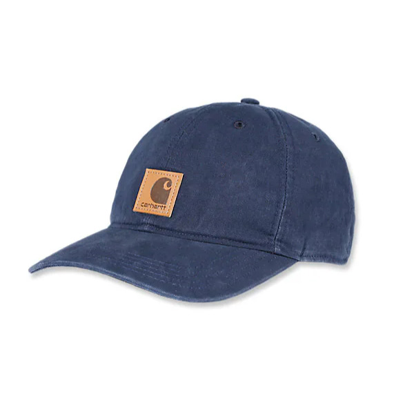 A navy blue Carhartt AH0289 M canvas cap with a curved brim and brown logo patch on the front, shown against a white background.