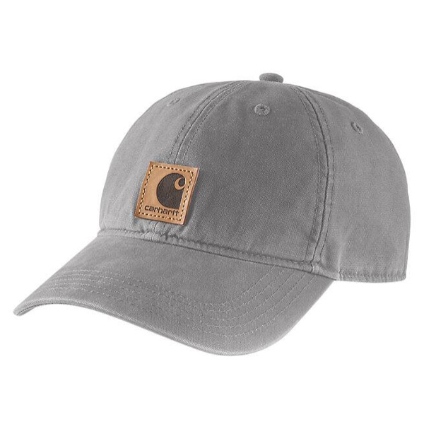 A light gray Carhartt baseball cap with a curved brim and brown logo patch, paired with heavyweight men's boot socks for a rugged look.
