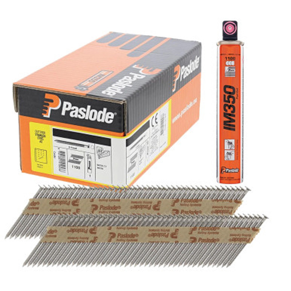 The Paslode 141261 2.8mm x 63mm stainless nails and fuel cell for IM350 are neatly arranged on a plain white background.