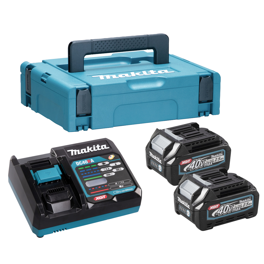 A Makita tool set with a blue carrying case, battery charger, and two 40V Max 2.5Ah lithium-ion batteries.