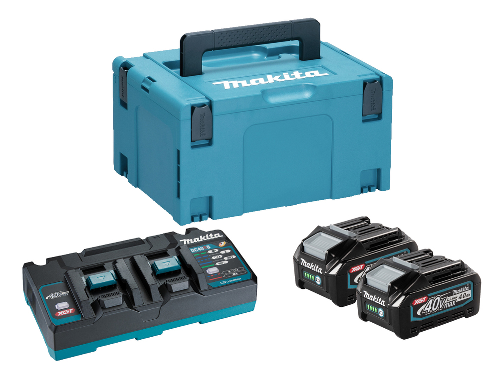 Makita tool set with a blue carrying case, dual-port battery charger, and two black 40V lithium-ion batteries on white background.