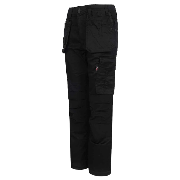 TuffStuff Proflex 715 Black Holster Work Trousers with multiple pockets, straight legs, and button and zip closure on white background.