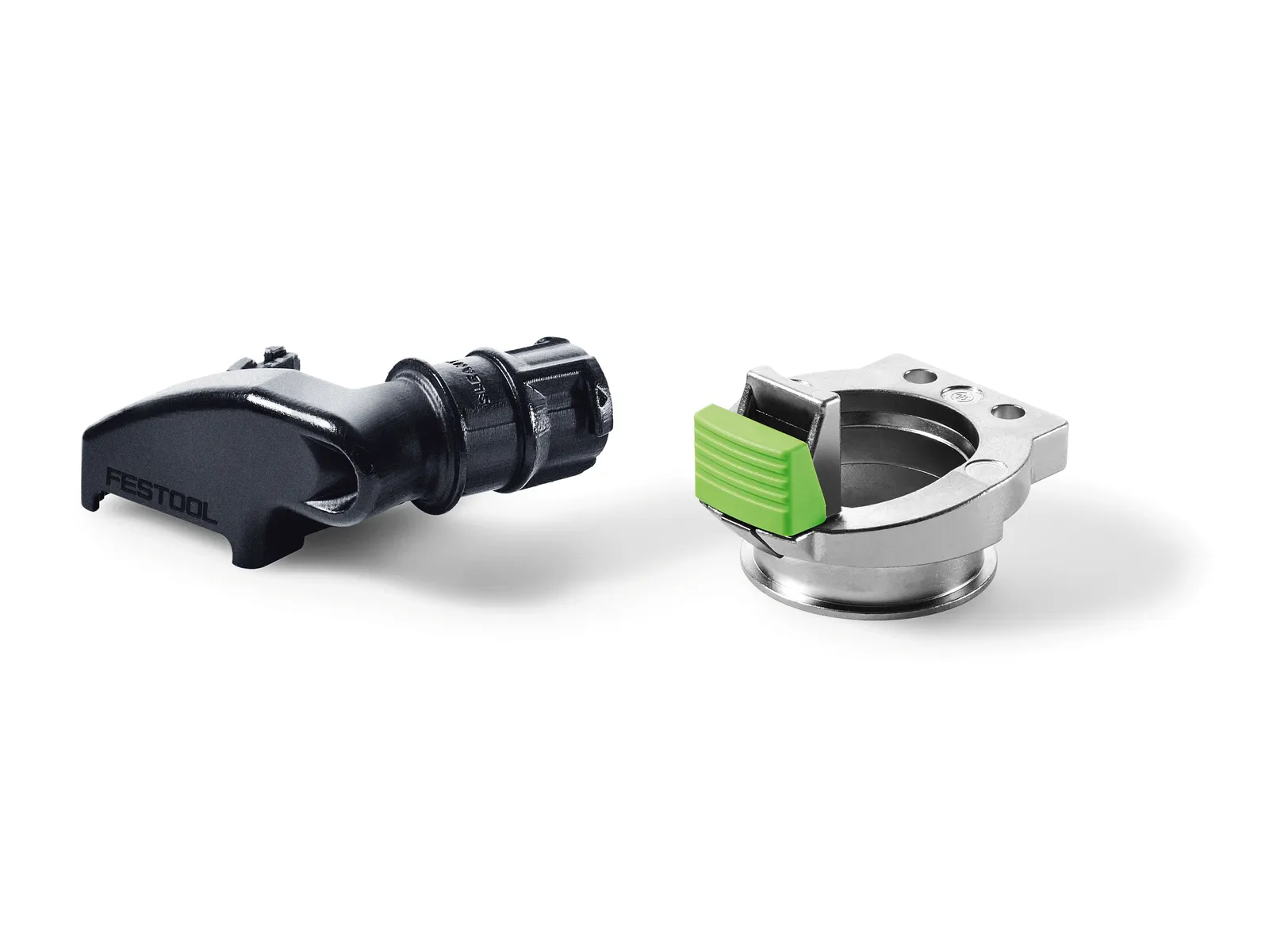 Two Festool router accessories: a black plastic attachment with a dial and a silver round base with green thumb lever on white background.