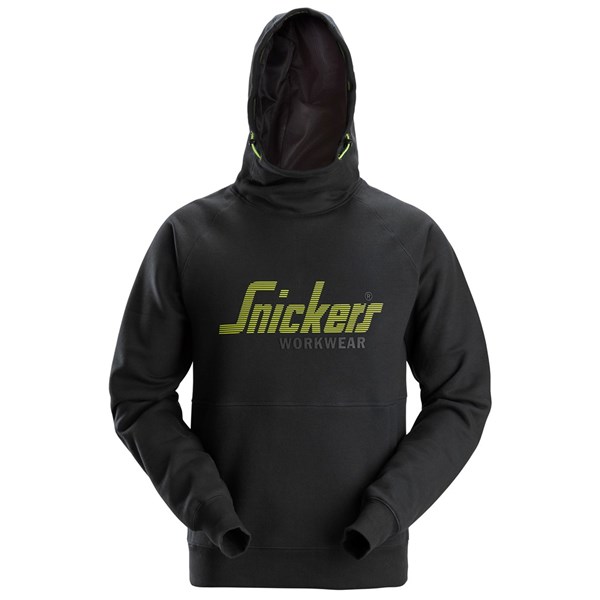A navy Snickers 2845 Logo Hoodie with a shaped hood and long sleeves for comfort. Printed accents in yellow on the front.