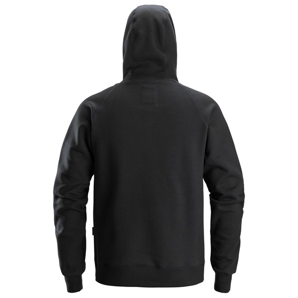A plain navy Snickers 2845 Logo Hoodie is shown from the back with long sleeves and the hood up, set against a white background.