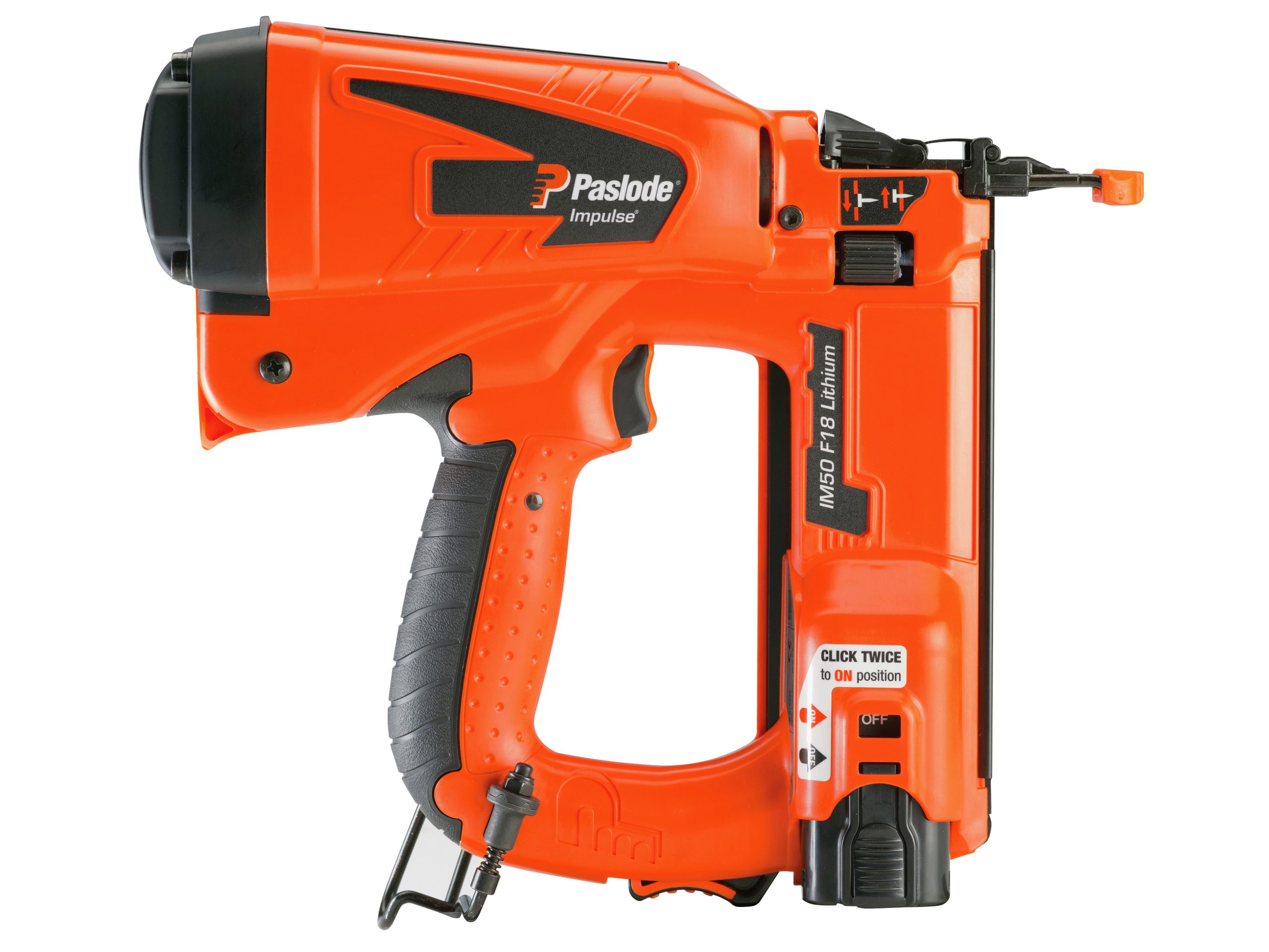 An orange Paslode IM50 18G Straight Finishing Nailer Kit with a black handle, trigger, logo, and switches on white background.