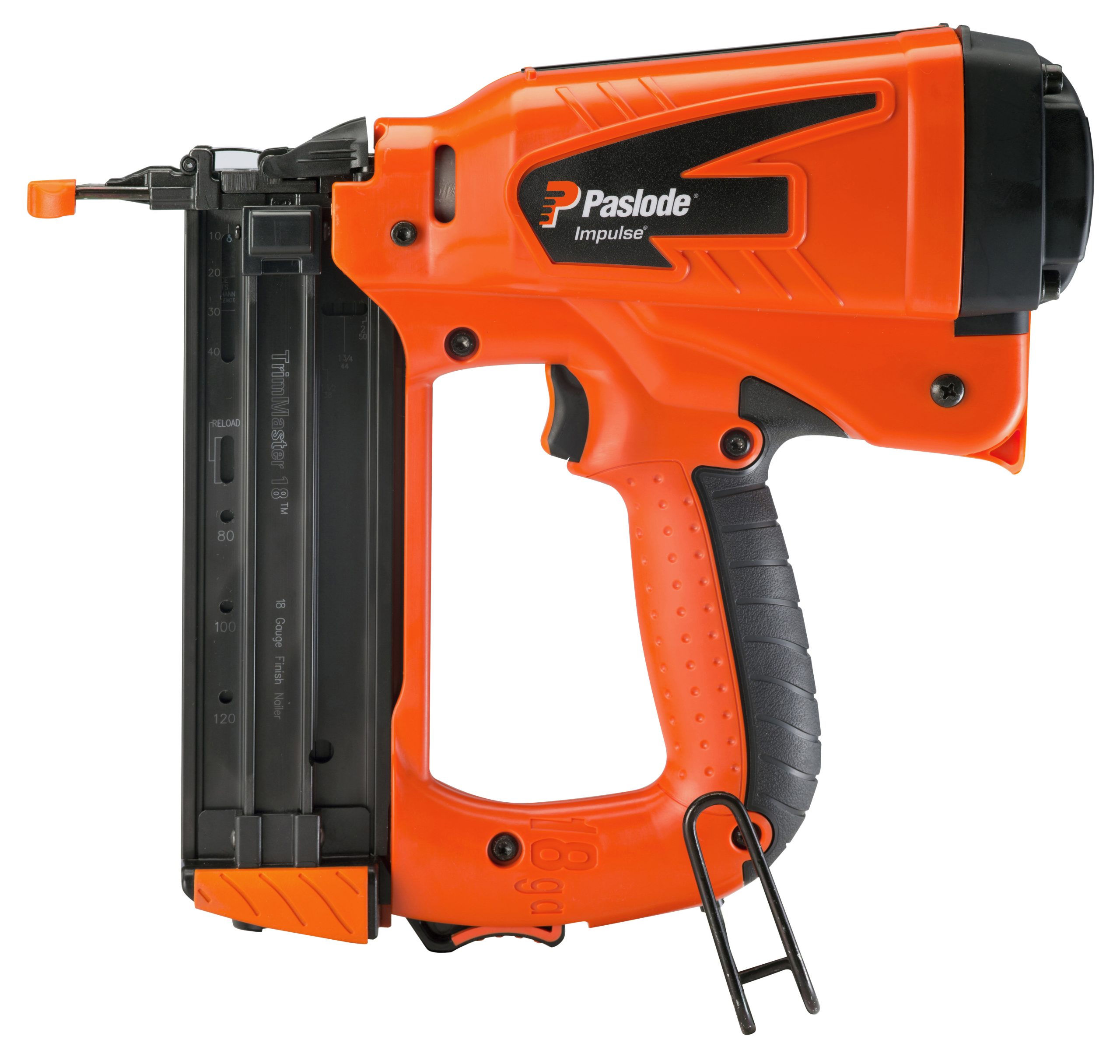 The Paslode IM50 18G Straight Finishing Nailer Kit has an orange and black design with a side handle, trigger, magazine, and hook.