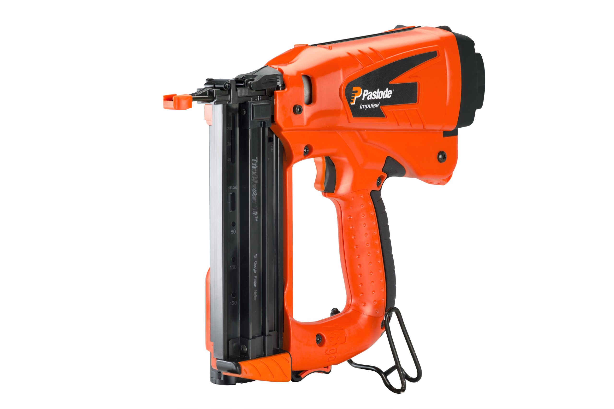 A Paslode IM50 18G Straight Finishing Nailer Kit in orange and black stands upright on a white background, showing its features.