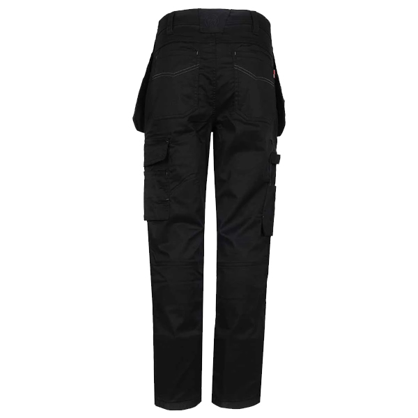 Back view of TuffStuff Proflex 715 Black Holster Work Trousers with multiple pockets and reinforced stitching on white background.