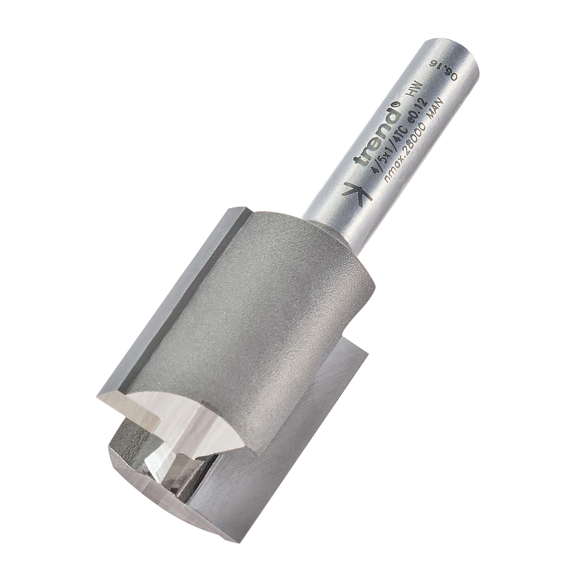 The Trend 4/5 x 1/2" TC Two Flute Cutter has a cylindrical shank and wide blades for flat-bottom holes or grooves in wood.