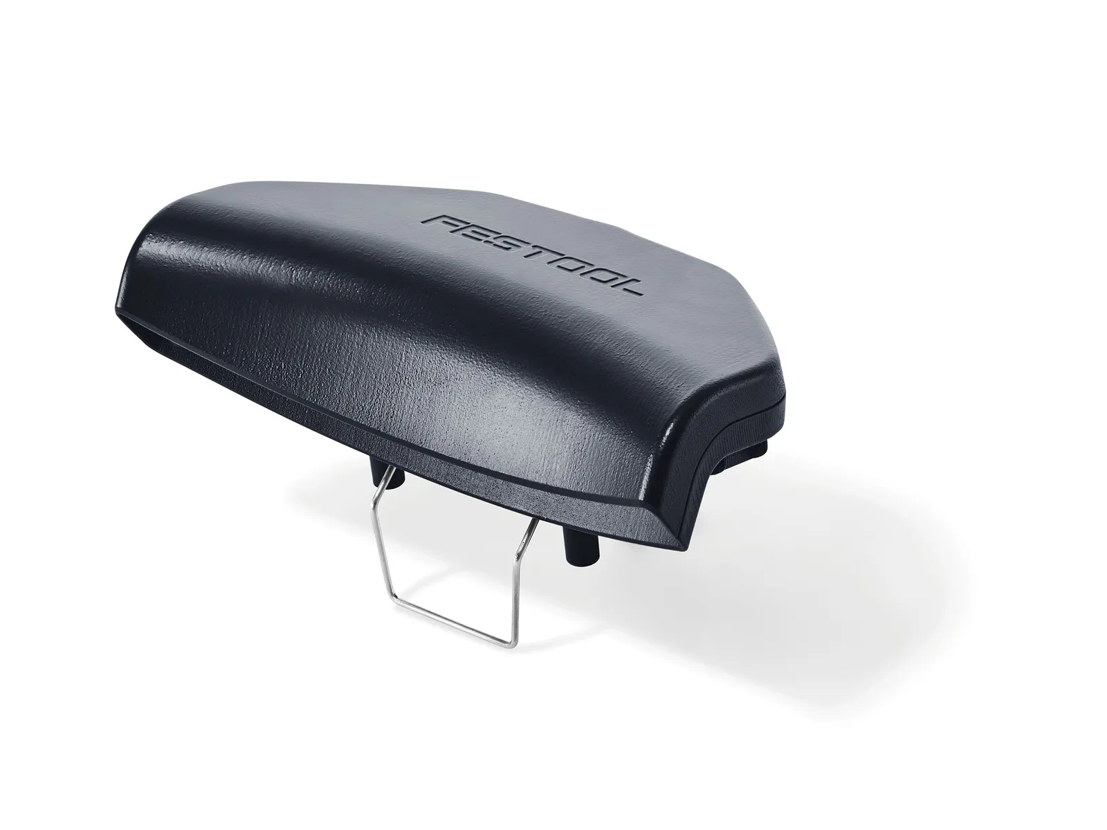 A black, contoured plastic cover with a metal wire stand or attachment underneath, photographed against a white background.