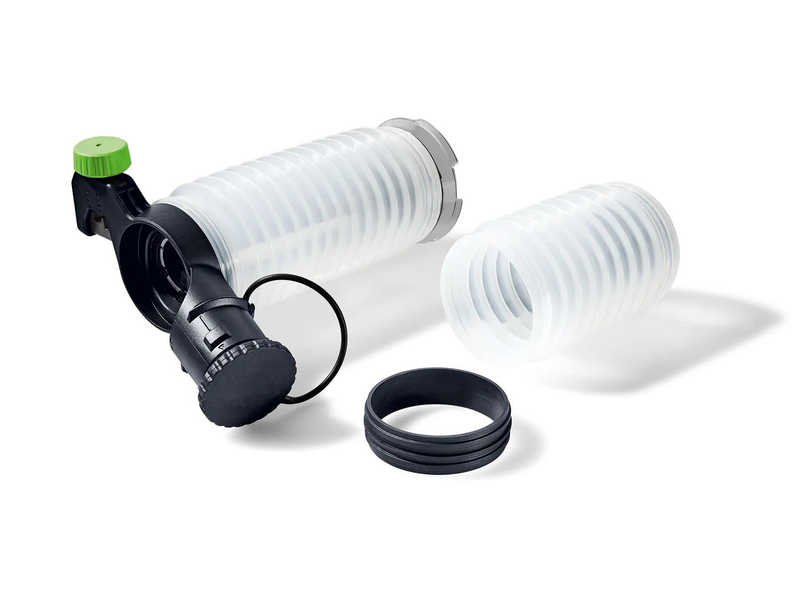 A plastic device featuring a green cap, black fittings and ring, plus two clear accordion-style hose attachments on white background.
