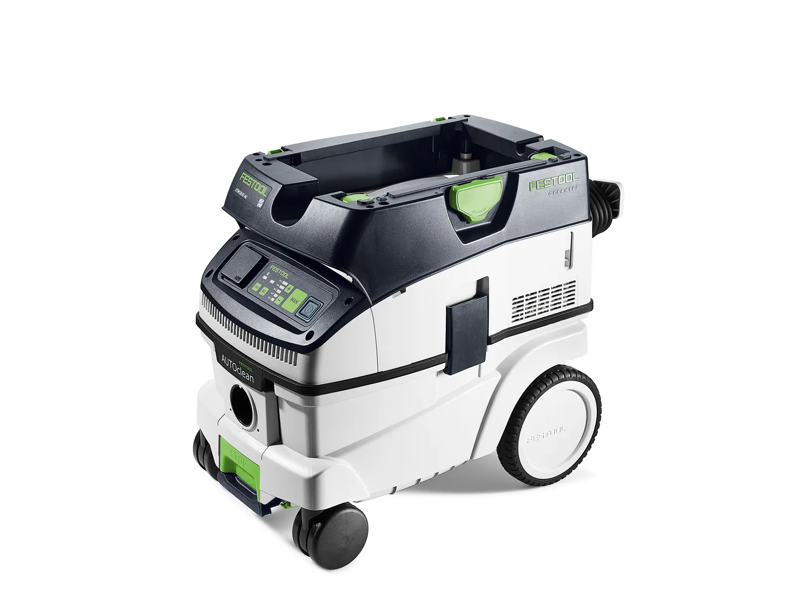 A modern, compact dust extractor with a digital control panel, large rear wheels, small front wheels, and a top handle for portability.