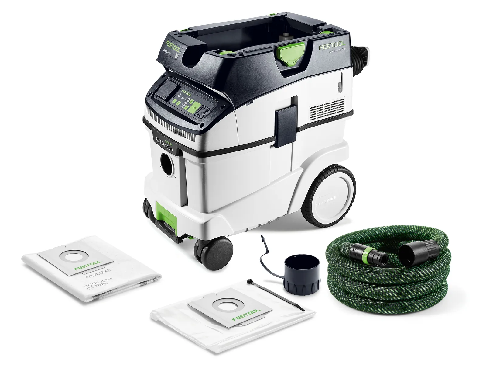 A Festool dust extractor vacuum with digital display, green hose, three filter bags, and black adapter on a white background.