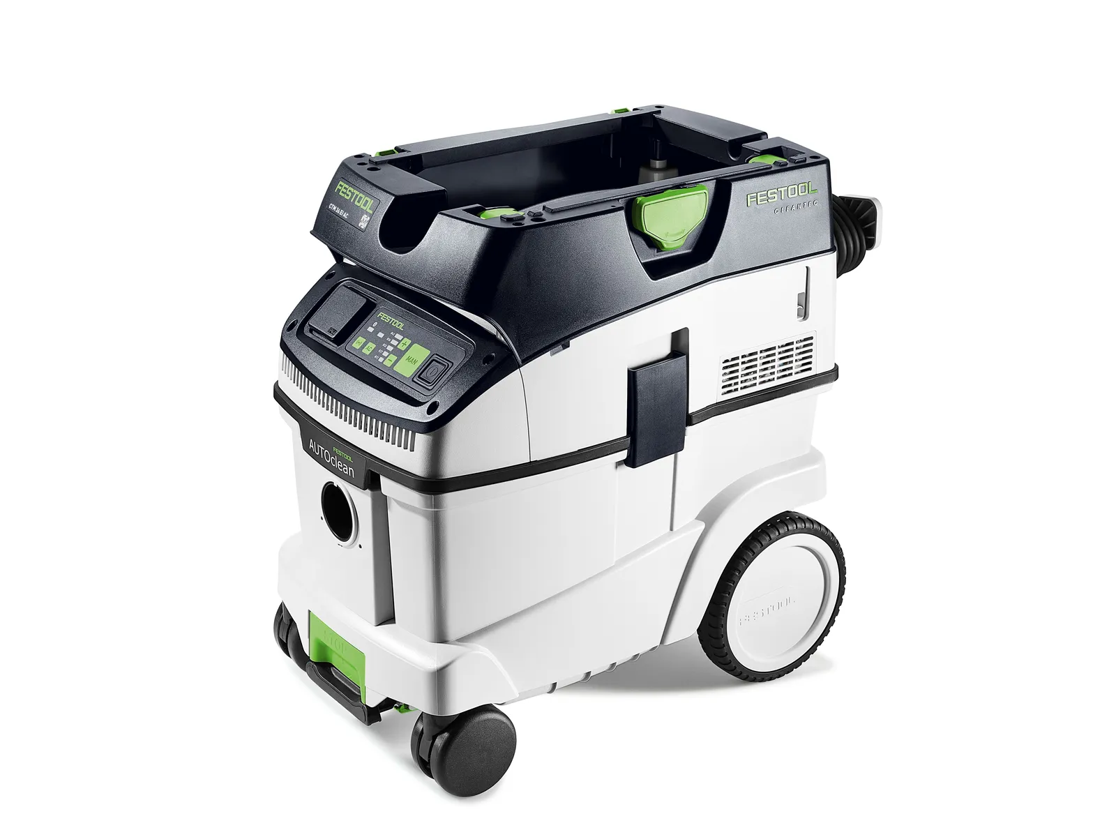 A white and black Festool workshop vacuum cleaner with large rear wheels, small casters, a digital panel, and green accents on white.