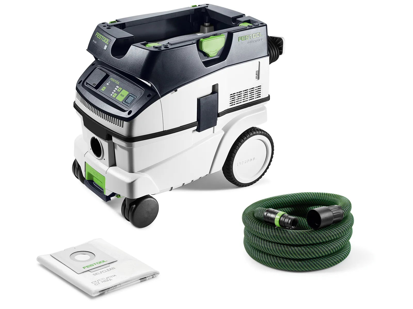 A white and green portable dust extractor vacuum on wheels, with a coiled green hose and a flat white vacuum filter bag nearby.