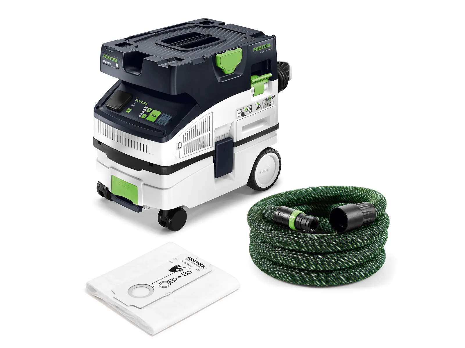 A white and black Festool vacuum extractor with a digital display, green handle, large wheels, flexible hose, and dust bag on white.