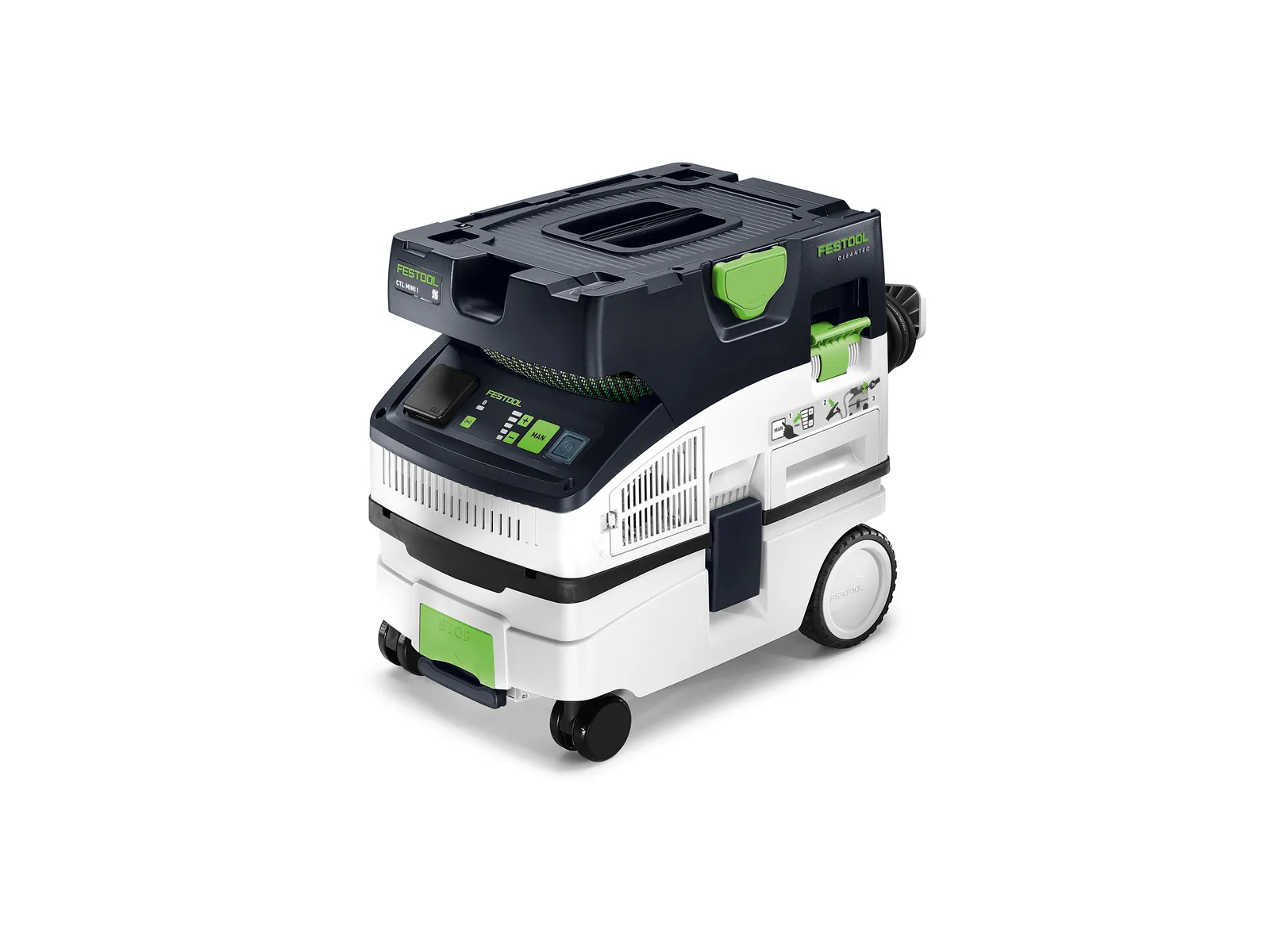 A white and black portable dust extractor with green accents, wheels, control panel, hose connection, and carry handle for workshop use.