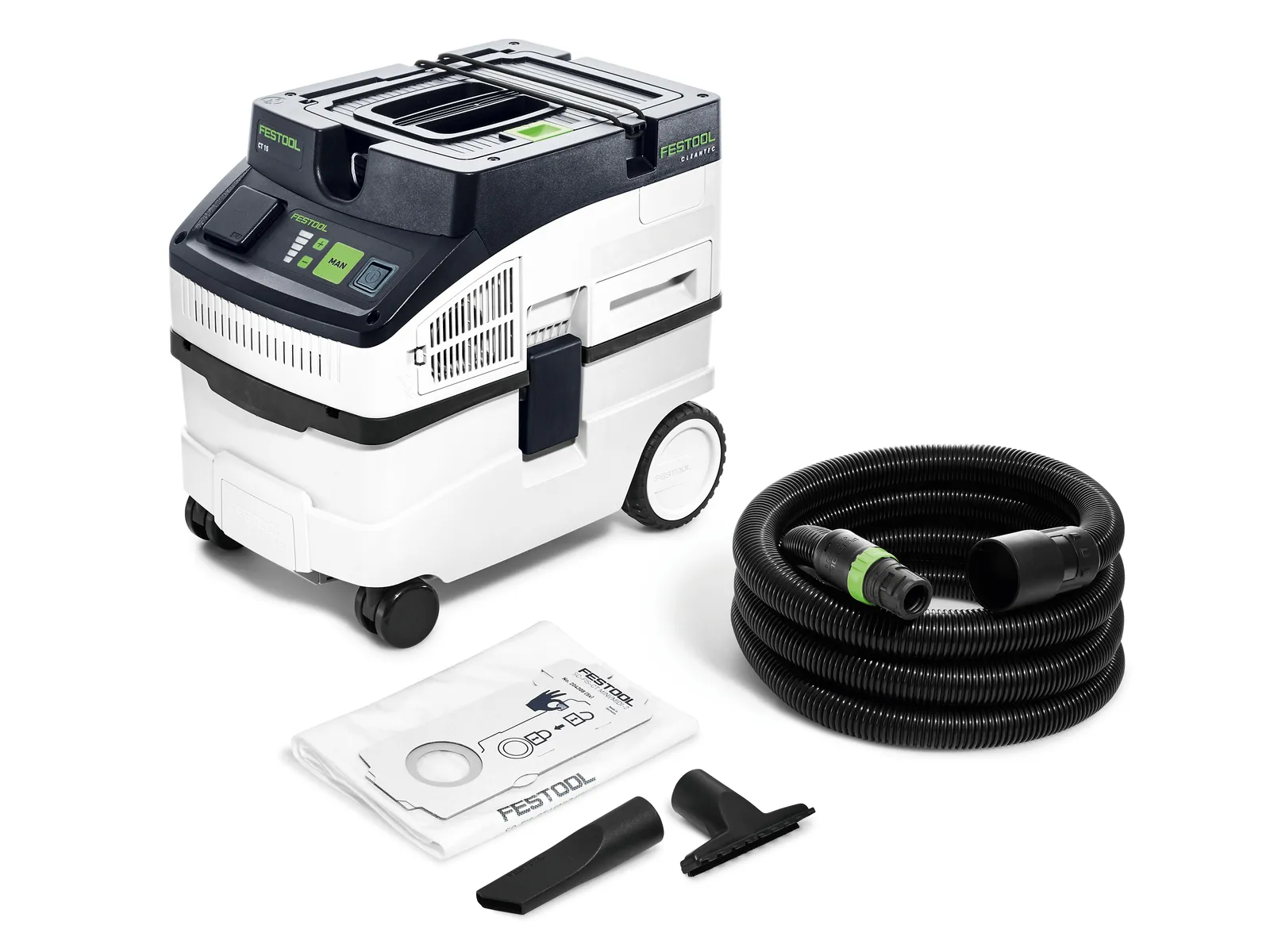 A Festool dust extractor with wheels, control panel, hose, vacuum bag, and two nozzle attachments on a white background.