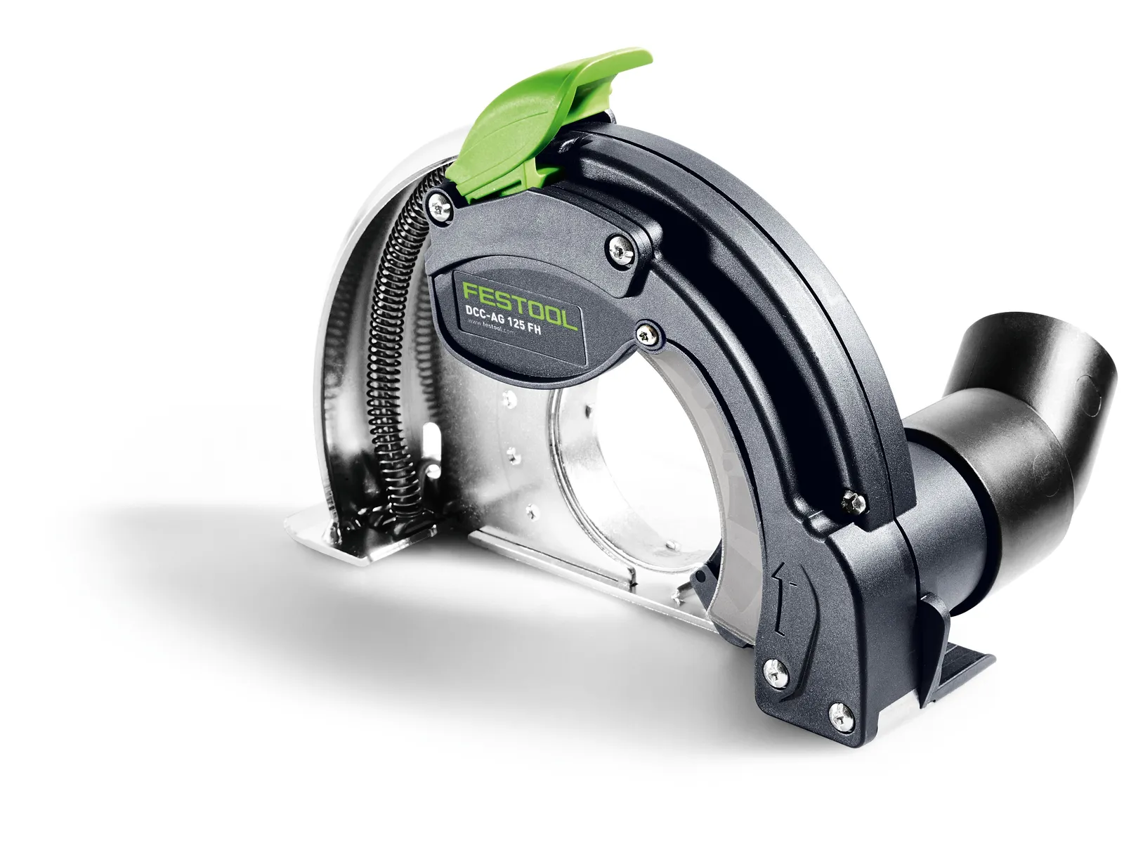 A black and silver Festool attachment with a green lever, curved housing, spring mechanism, and hose connector for dust extraction.