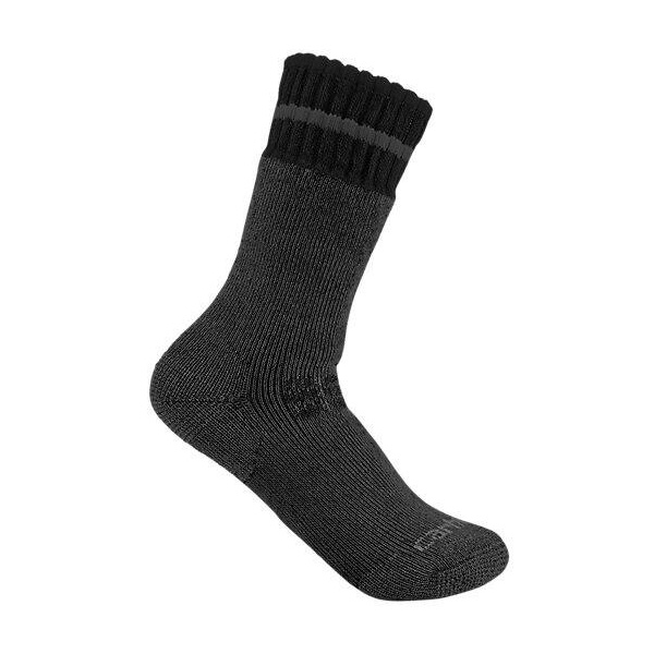 A dark gray Carhartt men's synthetic wool blend boot sock XL with a black cuff and two gray stripes near the top on a white background.