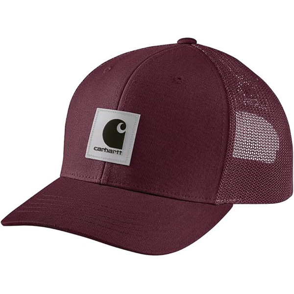 The Carhartt AH5216 Mesh Back Baseball Cap in burgundy has a curved brim, front logo patch, and breathable mesh back.