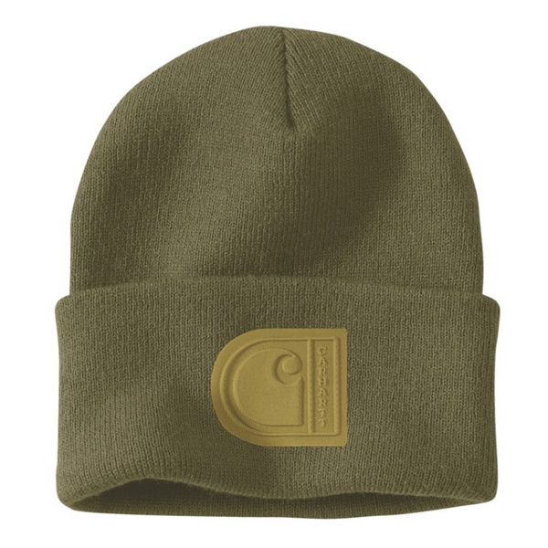 The Carhartt AH7190 M Knit Beanie OS Green has an olive green color, folded brim, and a tan logo patch on the front.