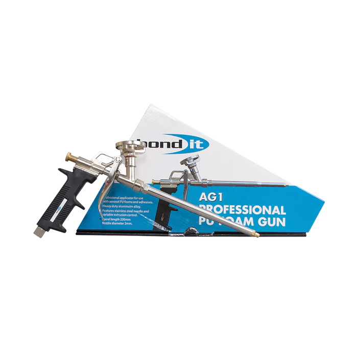 The Bondit Professional Expanding Foam Gun with a black handle and silver nozzle is displayed in front of its blue and white box.