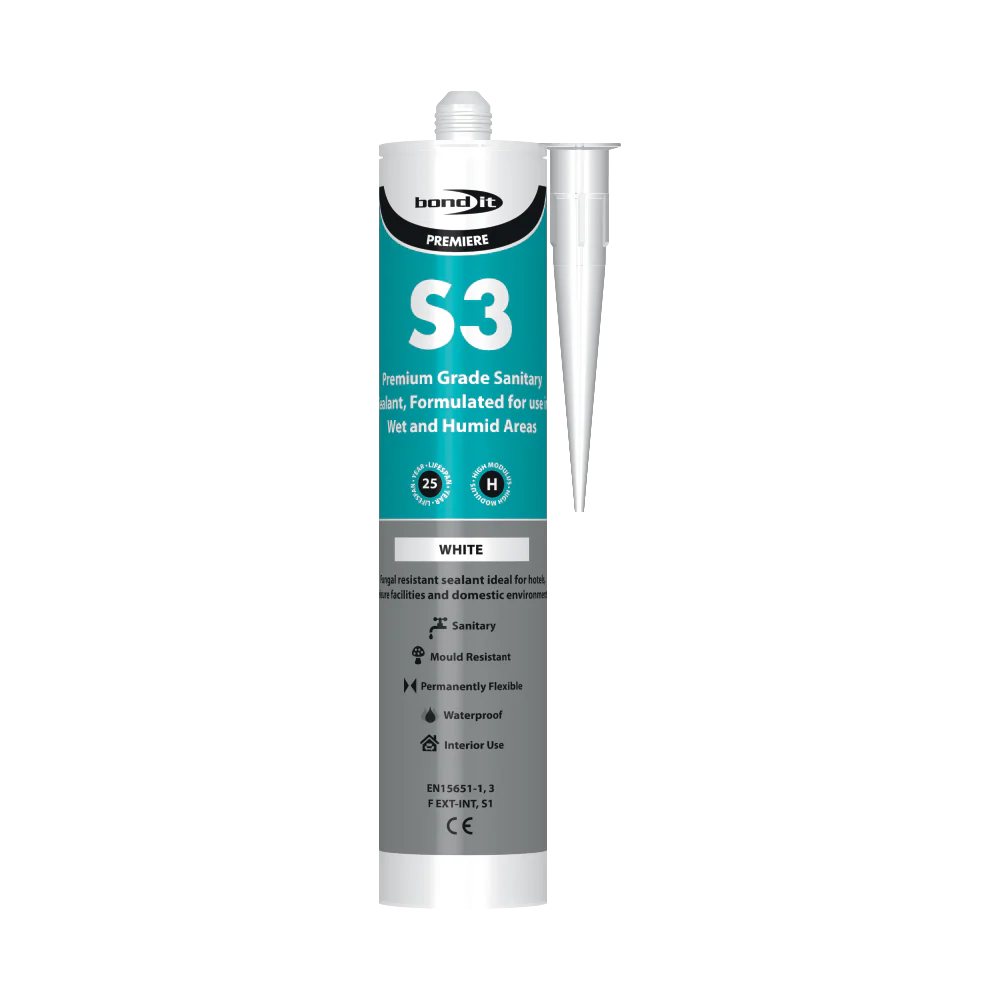 A tube of BDS3WH Bondit Sanitary silicone white EU3 in mainly white and teal packaging for wet, humid areas; mold-resistant.