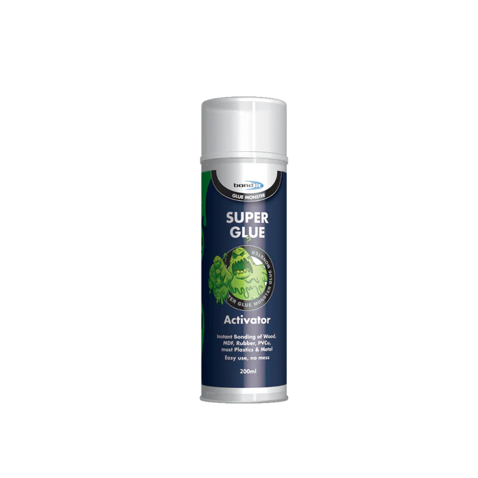 A 200ml Activator Spray can with a green glue graphic on dark blue, ideal for bonding various materials; comes boxed.