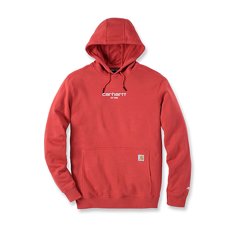 The Carhartt TS5569 Forced Relaxed Fit Lightweight Sweatshirt in Red Barn has a front pocket, drawstring hood, and logo patch.