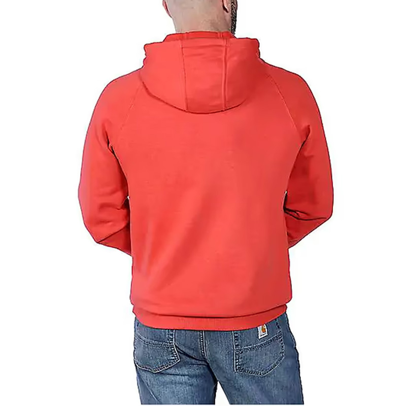 A person seen from behind on a white background wears blue jeans and a red Carhartt hoodie with the hood up, covering their neck.