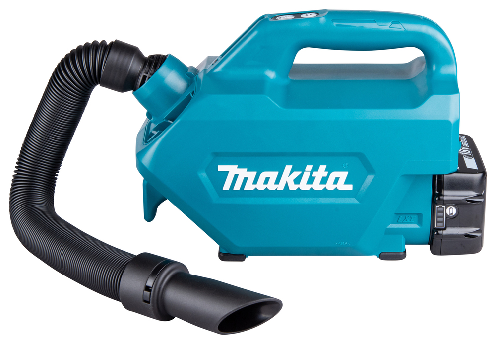 A teal Makita portable vacuum with black hose, nozzle, top handle, and side logo—ideal for use with your Makita DHP487SF drill.