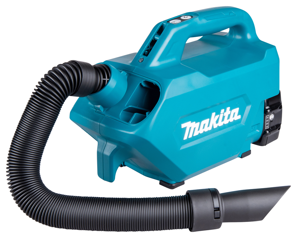 A blue vacuum cleaner with a black tube, styled like the Makita DHP487SF 18v Combi Drill, offering reliable everyday cleaning.
