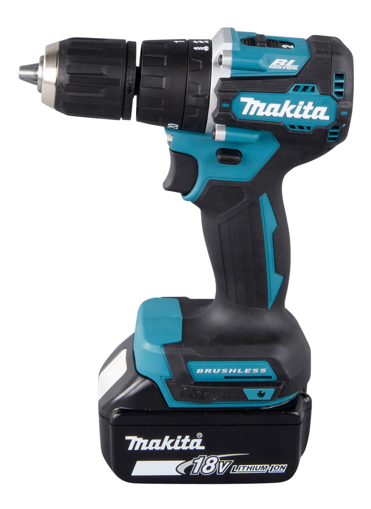 A Makita cordless power drill in black and teal, 18V lithium-ion battery, brushless motor, upright with branding and control settings.