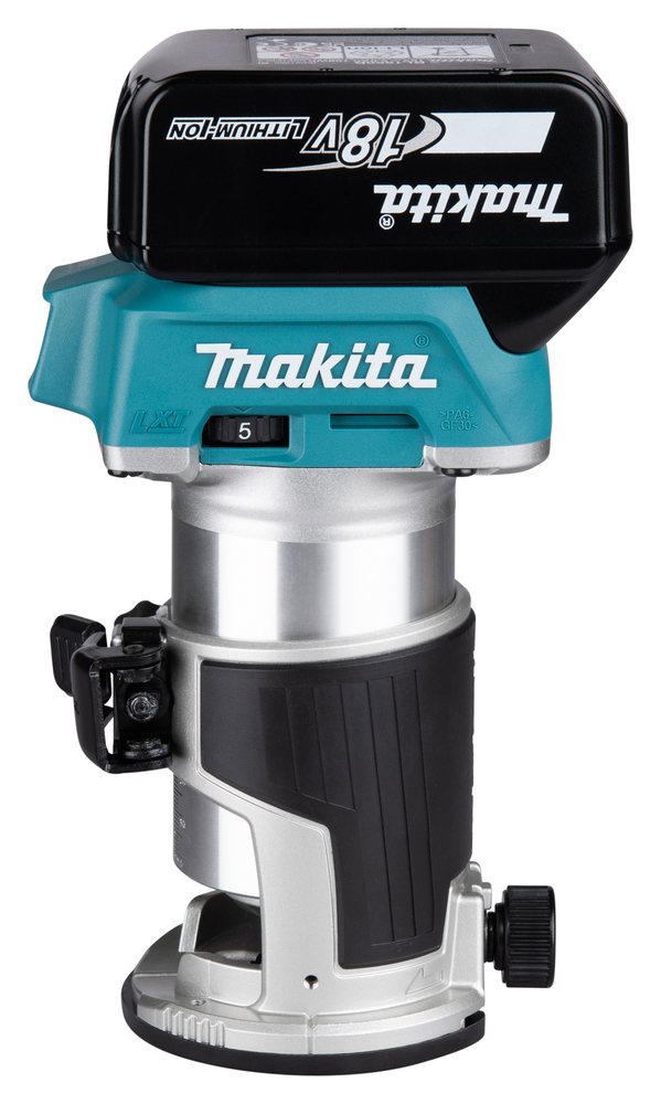 A Makita cordless compact router with 18V 3Ah battery, teal and silver design—ideal to pair with the Makita DHP487SF drill.