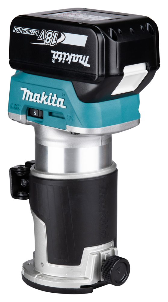 Makita 18V cordless compact router, teal/black, 3Ah battery on top, base dial; suits woodworking and matches DHP487SF drill.