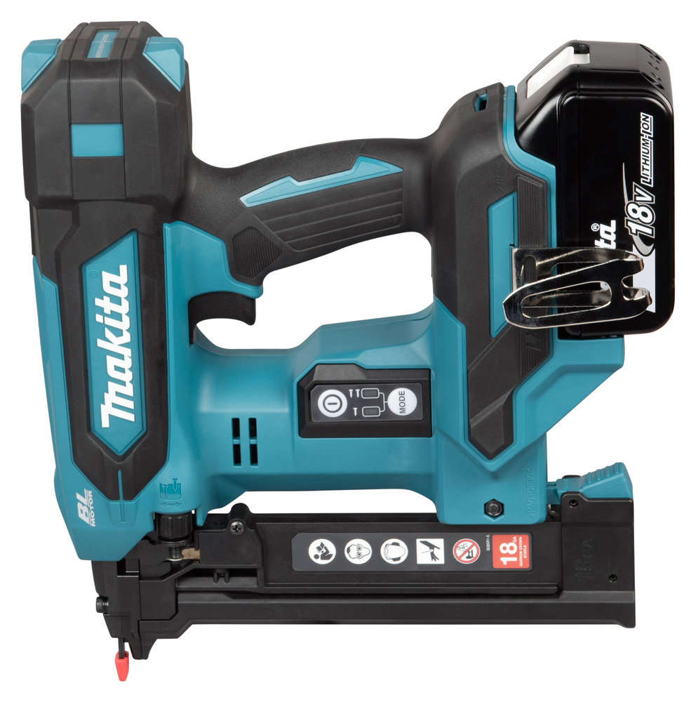 A blue and black Makita 18V cordless nail gun seen from the side, showing trigger, settings buttons, safety labels, and a 3ah battery pack.