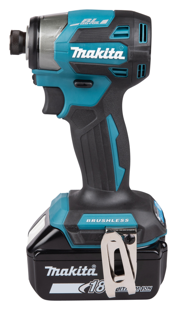 The Makita DHP487SF 18V Combi Drill in teal and black has a compact battery at the base and a metal belt clip on the side.