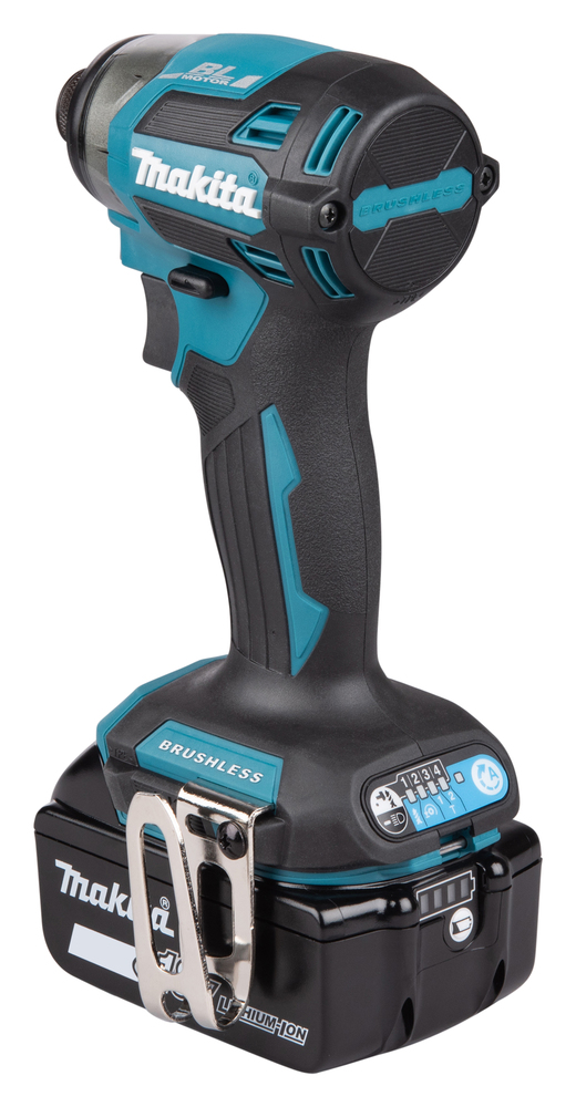 The Makita DHP487SF 18v Combi Drill has a black and teal body, 3ah battery, charger, silver belt clip, and cordless brushless power.