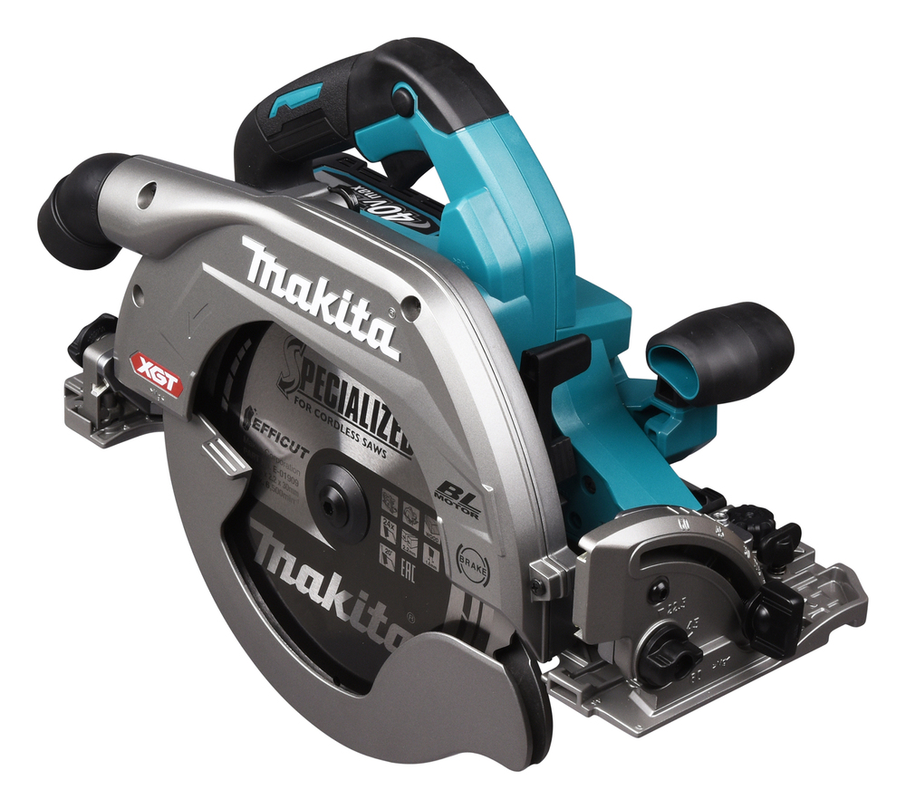 A Makita cordless circular saw with silver blade guard and teal-black handle, shown with a Makita DHP487SF 18v Combi Drill, 3ah battery, and charger.