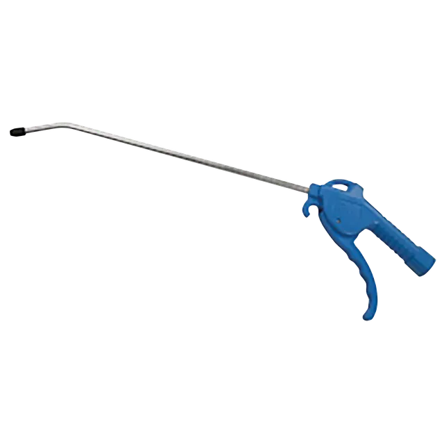 The PCL Long reach air blow gun 9" is a silver tool with a blue handle and trigger, designed for picking up objects from a distance.