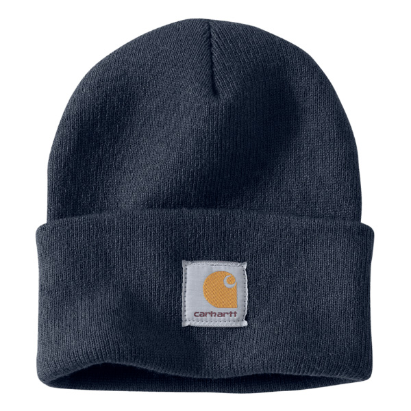 The Carhartt A18 M Knt Cffd Beanie Navy has a folded knit cuff and a front white patch with the yellow Carhartt emblem.