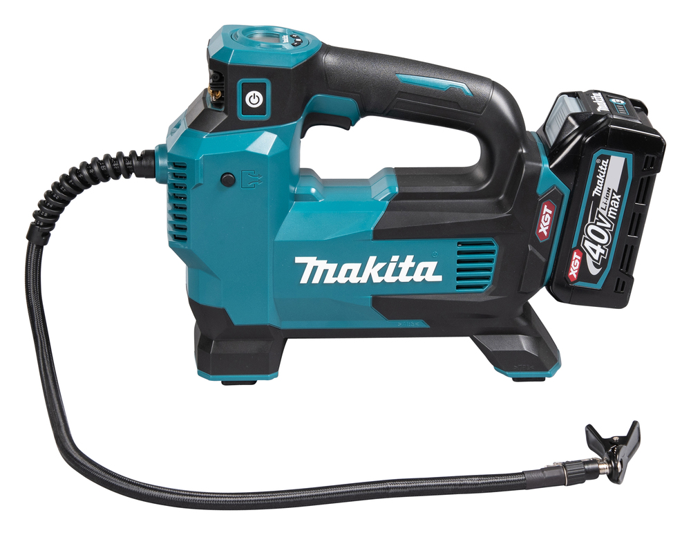 A cordless Makita air inflator with digital display, black hose, and 3ah battery, shown next to a Makita DHP487SF 18v Combi Drill set.