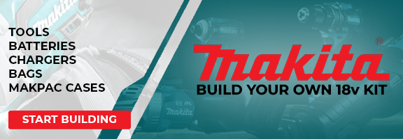 Makita display with power tools, tool options, accessories, and a red button on the left; tools shown in the background.