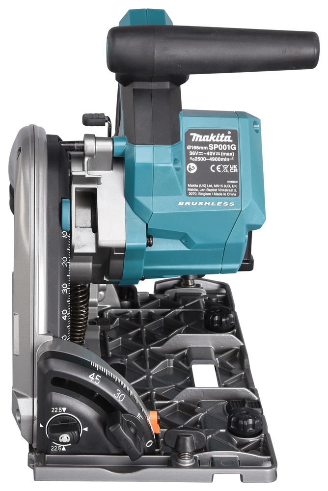 A close-up of the Makita DHP487SF 18v Combi Drill with 3ah battery and charger, teal and black body, dials, and base markings.