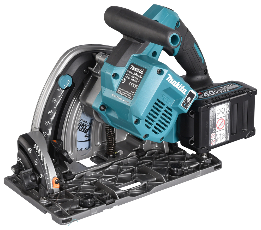 A blue and black Makita cordless circular saw with 40V lithium battery and angled guide is shown from the side on a white background.